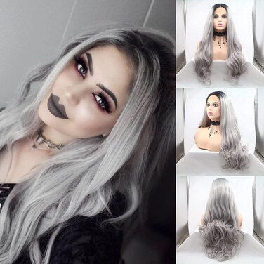 Ombre Gray 2 Tones Synthetic Lace Front Wig Dark Roots Long Loose Wave Silver Grey Replacement Hair Wigs For Women Heat Resistant Fiber Hair Half Hand Tied (24 Inch, loose wave/lace front wig)