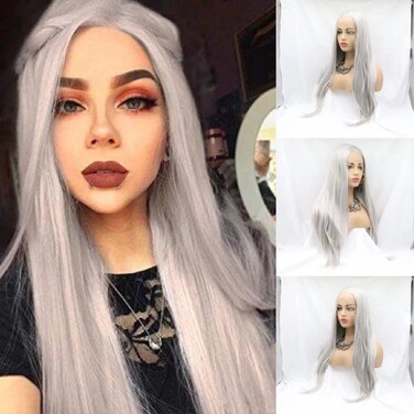 Long Straight Silver Grey Synthetic Lace Front Wigs with Free Part Glueless Heat Resistant Fiber Hair Wig for Women Silver Grey 24 Inch.