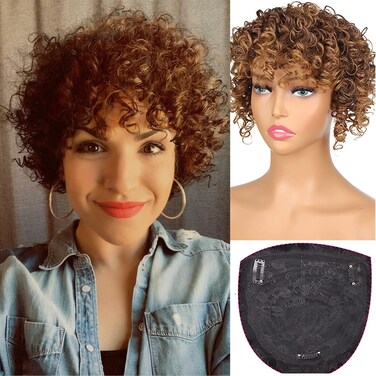 KRSI Curly Synthetic Hair Topper Hair Pieces for Women, Light Brown Short Afro Kinky Wiglets Hairpieces Toppers Pieces Wig for Women With Thinning Hair Topper With Bangs (27/33)