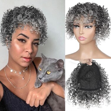 KRSI Afro Curly Hair Topper Silver Grey Synthetic Toppers Hair Pieces for Women, Hairpieces Toppers Pieces for Black Women With Thinning Hair Clip in Hair Topper With Bangs(1B/T0906)