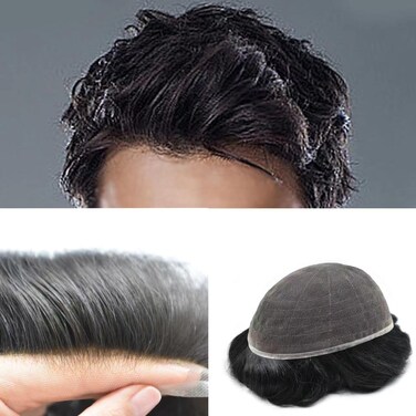 Full French Lace Human Hair System for Men Black Brown Blonde Hair Toupee for Mens Hair Replacement System Bleached Knots Hairpiece 7"X9" #1B Off Black-120% density