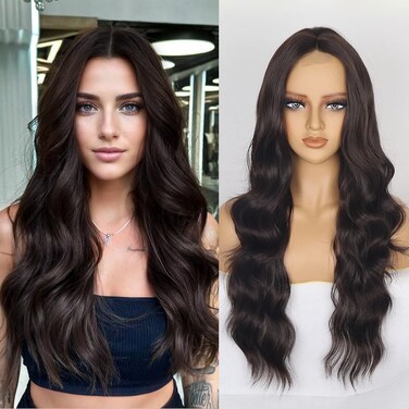 Long Brown Wavy Wig for Women 26 Inch Dark Brown Curly Wavy Wig Natural Looking Middle Part Synthetic Heat Resistant Wigs for Daily Party Use