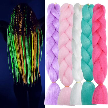 Christmas Glowing Braiding Hair Pre Stretched Rainbow Braiding Hair Colorful Luminous Box Braids Multi Colored Braiding Hair Glow in the Dark Hair Extensions