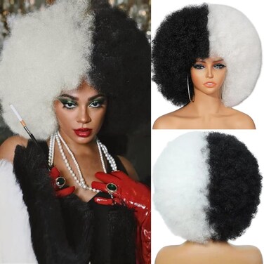 Afro Wigs for Black Women 70s Afro Curly Wigs Soft Natural Looking Fluff and Bouncy Black and white Afro Wigs Synthetic Hair Big Afro Wig for Daily Party Cosplay Costume(Black and white)