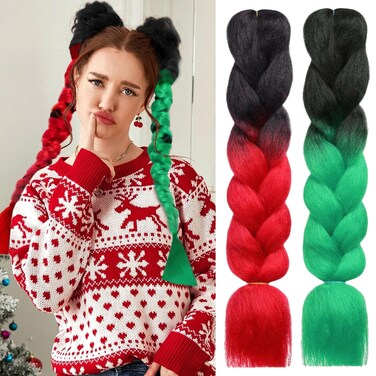 2 Pcs Black/Red, Black/Green Ombre Braiding Hair Extensions for Women Jumbo High Temperature Synthetic Braiding Hair 24 Inch Pre stretched Fiber Hair Twist Crochet Braids for Christmas Makeup Party