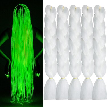 White Braiding Hair Glow in the Dark Braiding Hair Extensions Box Braids Hair Shining Jumbo Braiding Hair Glow in the Dark Braids(White,5pack)