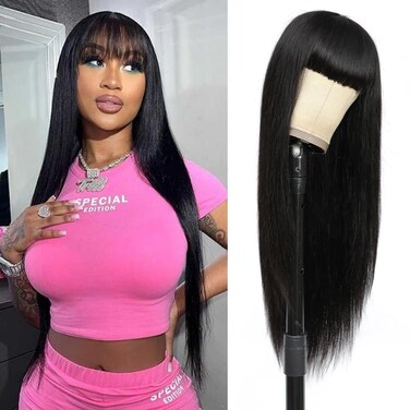 REMY Wigs with Bangs Straight Human Hair Wigs with Bangs None Lace Wigs for Black Women 100% Unprocessed Brazilian Virgin Human Hair Wigs Machine Made Glueless Wigs (26 Inch)