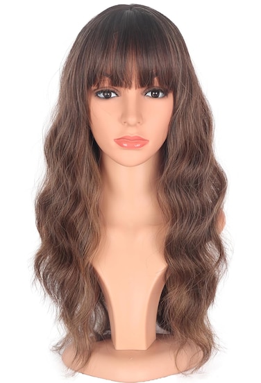 Ombre Brown Wavy Wigs With Bangs, Medium Long Synthetic Hair Replacement Wigs for Daily Use, 18 Inch