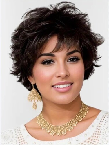 TISHINING Black Short Curly Wigs for Women Short Black Pixie Cut Wigs for White Women Shaggy Layered Synthetic Short Hair Wigs with Bangs Natural Wavy Hair Replacement Wigs for Daily Life
