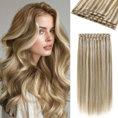 LADY MIRANDA Double Weft Invisible PU Hair Extensions Real Human Hair 18 Inch 100G 8PCS Micro Ring PU Hair Extensions Twin Tabs Invisible Weft Genius Seamless Handmade PU Flat Weft (9A/60, 18 Inch)