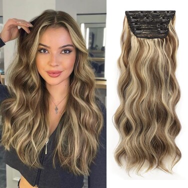 Nnzes Clip in Long Wavy Hair Extension 4PCS Thick Brown mix Blonde Hairpieces Double Weft 20 Inch Synthetic Hair Extension for Women (20 Inch)