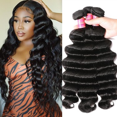Nadula Brazilian Loose Deep Wave Hair 3 Bundles Human Hair, Unprocessed Virgin Loose Deep Hair Weave Extension Natural Color (16 18 20)