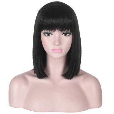 Short Straight Black Bob Wig with Bangs for Women   Natural Heat Resistant Synthetic Hair Wigs