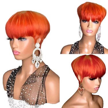 Short Bob Wig Human Hair Ombre Pixie Cut Wigs for Black Women Human Hair Glueless Wig with Bangs None Lace Front Wig Blonde Orange Full Machine Made Wig (8 inch 130% Density)