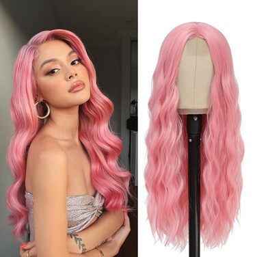 Pink Wig - Long Pink Wavy Wigs for Women Middle Part Pastel Pink 26 inch Natural Curly Synthetic Heat Resistant Fiber Daily Party Use, (wig-0025-Pink)