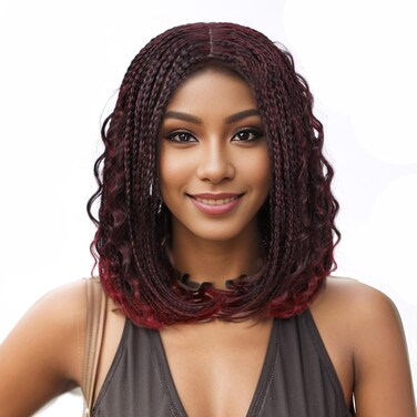 Braided Bob Wigs for Black Women Box Braids Wig with Free Tress 14 Inch Curly Goddess Box Braids Wigs Synthetic Box Braids Hair Burgundy Color Fake Scalp Short Bob Red Wigs(14&rdquo;) (#burg)