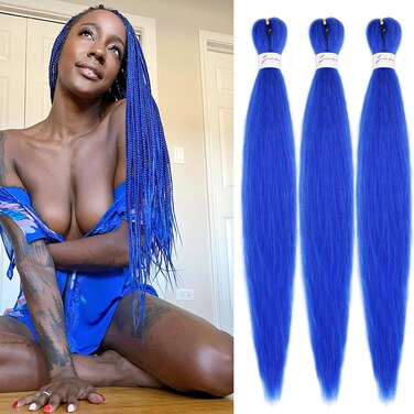 3 packs Blue Braiding Hair Pre Stretched 26 inch Braids Hair Prestretched Long Straight Synthetic Braids Soft Yaki Texture Hair Extensions Hot Water Setting