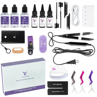 V Light Hair Extensions Kit (Machine set) V-Light Extension Machine V-Light Extension Remover Machine .V-Light Glue 20g * 3 Wig Extension Comb * 2 v Light Glue Remover Solution 20ml * 3