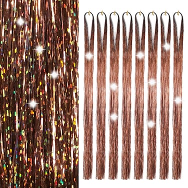 Hair Tinsel Brown 50inch 8packs 1600 Strands Glitter Tinsel Hair Extensions Heat Resistant Highlights Sparkling Fairy Hair for Kids Women Girls(50 Inch, Brown)