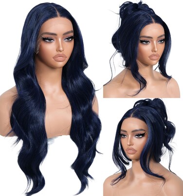 Dark Blue Synthetic Lace Front Wigs Body Wave Glueless Wigs With Bangs Pre Plucked Pre Cut HD Lace 13x5x1 Middle Part Wigs For Woman 26 Inch