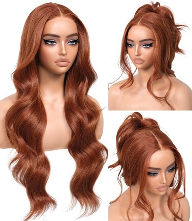 Synthetic Lace Front Wigs Ginger Body Wave Glueless Wigs With Bangs Pre Plucked Pre Cut HD Lace 13x5x1 Middle Part Wigs For Woman 26 Inch