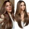 Brown and Blonde Highlight Wear and Go Glueless Wig with Bangs Layered Pre Plucked Pre Cut HD Lace Front Synthetic Wigs for Women Ready to Wear Middle Part 26 Inch