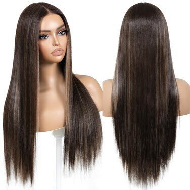 Brown and Blonde Highlight Synthetic Lace Front Wigs for Women Long Straight Wear and Go Glueless Wig Pre Plucked 13x5x1 HD Lace Middle Part 26 Inch