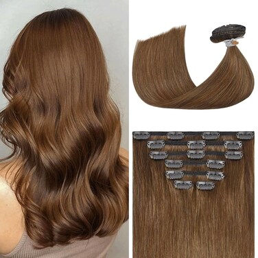 Aison Light Brown Hair Extensions Clip in Real Human Hair 70G 100% Remy Human Hair Clip in Extensions for Women 7pcs 16clips (18 Inch #6) Brown Hair Extensions,Chestnut Brown Hair Extensions