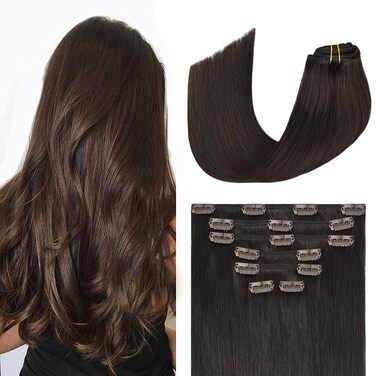 Aison Clip in Hair Extensions Real Human Hair 70G Dark Brown 100% Remy Human Hair Clip in Hair Extensions Soft Silky Straight for Fashion Women 15 Inches 7pcs 16clips Brown Hair Extensions