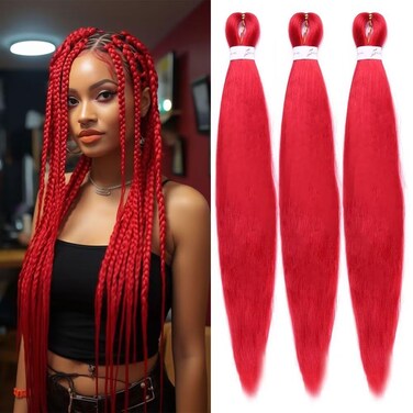 Red Braiding Hair, 26 Inches Pre stretched Braiding Hair Kanekalon Box Braids Hair Extensions, 3 Packs Yaki Texture Braiding Hair Hot Water Setting Long Extension(26 Inch,3 Packs,Red#)