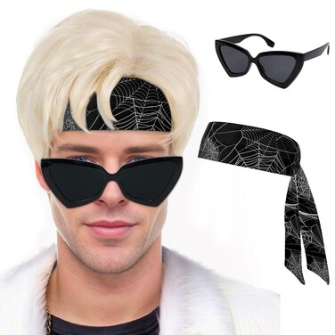 4Pcs Short Blonde Wig for Men Costume Wig with Headbands Glasses Men&rsquo;s Blond Cosplay Synthetic Layered Hair Wigs Blonde Man Wig Men's Wig for Costumes Cosplay Halloween Carnival Parties Anime Wig