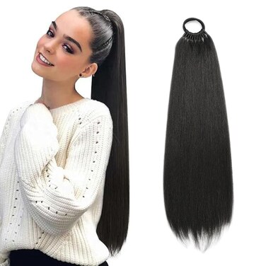 32inch Long Braid Ponytail Extension Straight Sleek Wrap Around Braid Hair Extensions Ponytail Synthetic Hair Pieces for Women Girls (#1B Natural Black)