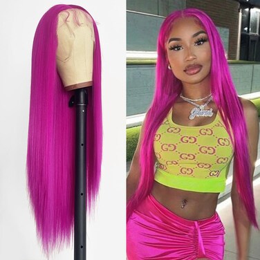 Hot Pink Lace Front Wigs Silky Straight Glueless Hair Rose Red Synthetic Lace Front Wigs for Fashion Women Pre Plucked Hairline