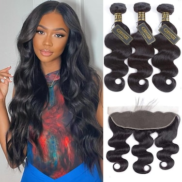 QTHAIR 16A Brazilian Body Wave Hair Bundles with HD Lace Frontal (18" 20" 22"+16",Natural Color)100% Unprocessed Brazilian Human Hair Bundles Body Wave with 13x4 Ear to Ear Frontal Full Thick