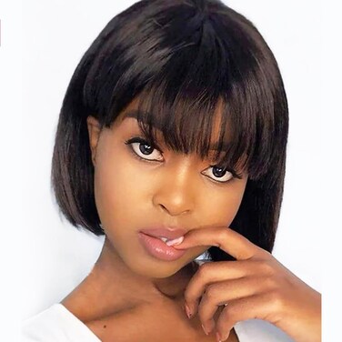 QUEEN VIRGIN REMY QVR Short Bob Wig Human Hair with Bangs 8 Inch 180% Density Straight Bob Wig with Bang Machine Made None Lace Front Wigs for Black Women Wear and Go Natural Black Color