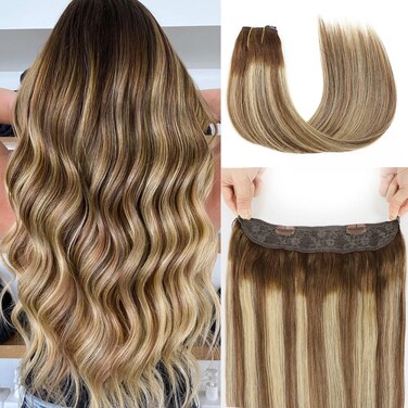 RECOOL Wire Hair Extensions Real Human Hair Balayage Chocolate Brown with Golden Blonde Remy Hair Extensions Invisible Wire Hair Extension Straight Clip in Hair Extensions(20 inch)