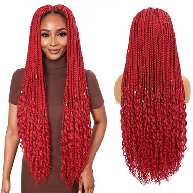 30 Inch Fashion Wigs Red Box Braids Crochet Hair Extensions With Wavy Curly Ends Beautiful Long Synthetic Wig Full Double Lace Braid Wig with Baby Hair