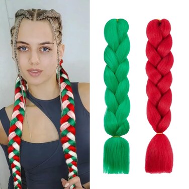 2 Packs 24 Inch Braiding Hair Extensions Red Green Ombre Jumbo Braiding Hair Extensions Christmas Jumbo Braids Hair High Temperature Synthetic Braid Hair for Twist Crochet Braiding Hair