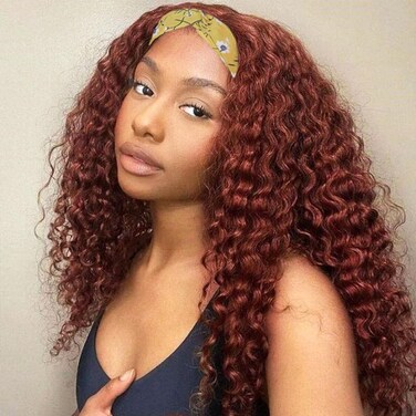 Reddish Brown Deep Wave Headband Wig Human Hair Curly Headband Half Wigs Copper Red Glueless None Lace Front Wig #33 Colored Brazilian Virgin Hair Wigs for Black Women 22Inch
