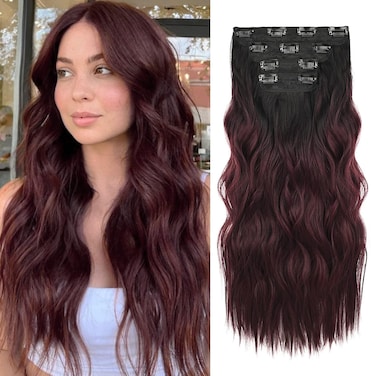 REECHO Hair Extensions, 4PCS Clip in Hair Extensions HE001 Natural Soft Synthetic Hairpieces for Women, Black to Burgundy Ombre