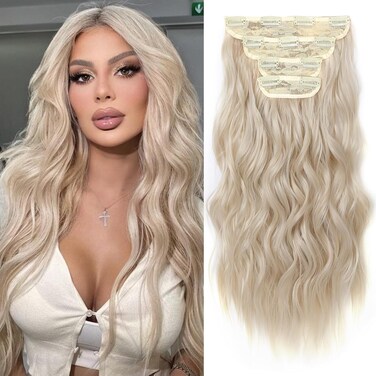 REECHO Hair Extensions, 4PCS Clip in Hair Extensions HE001 Natural Soft Synthetic Hairpieces for Women, Light Blonde