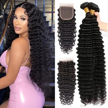 Human Hair Bundles with Closure (24 26 28+22，Free Part) Deep Wave Bundles with Lace Closure Brazilian Human Hair Weave Bundles with Closure Virgin Hair Weft 150% Density Natural Color
