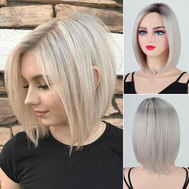 RENERSHOW Short Ombre Blonde Bob Wigs for White Women Side Part Straight Synthetic Wig Mix Platinum Blonde Hair Layered Daily Party Wig