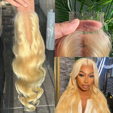 SKINLIKE Real 613 Blonde 2x6 HD Lace Closure, 12A Grade Brazilian Body Wave Human Virgin Hair 0.09mm Ultra-thin Invisible Swiss Lace Closure Pre Plucked With Baby Hair (14inch)