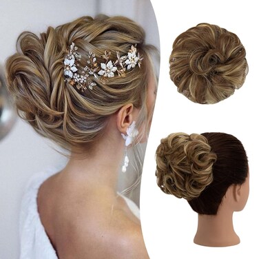 Messy Bun Hair Piece, Instant Rose Bun Hair Scrunchie Hairpieces for Women, Wavy Curly Hair Pieces Chignon Ponytail Hair Extensions Updo Hairpiece Wiglet Bun (12H24# Brown &amp; Blonde)