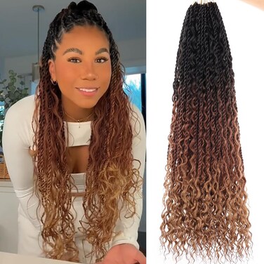 9 Packs 24 Inch Boho Senegalese Twist Crochet Hair with Curls 3 Tone Bohemian Island Twist Crochet Braids Pre-Looped Crochet Twist Braids for Women Synthetic Braiding Hair Extensions 1B3027#