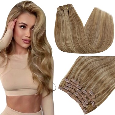 RUNATURE Clip in Hair Extensions Real Human Hair Dark Blonde with Caramel Blonde Hair Extensions Clip Ins 12 Inch Blonde Clip in Hair Extensions Double Weft Full Head Remy Hair Thick Ends 80g 7pcs