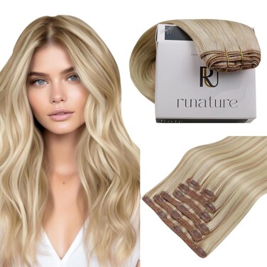 RUNATURE Clip in Hair Extensions Real Human Hair 12 Inch 80g 7pcs Ash Blonde Hair Extensions Clip Ins Real Human Hair Clip in Extensions Blonde Highlight Remy Natural Hair Full Head Thick Ends