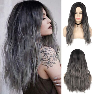 Sallcks Womens Ombre Grey Wig Long Curly Wavy Black Grey Middle Part Synthetic Wig Halloween Cosplay Costume Wig
