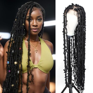 45 inch Butterfly Locs Wig, Extra Long Knotless Big Triangle Part Full Double Lace DistressedLocs Wigs, Butterfly Faux Locs Wigs Pre-Plucked with Baby Hair